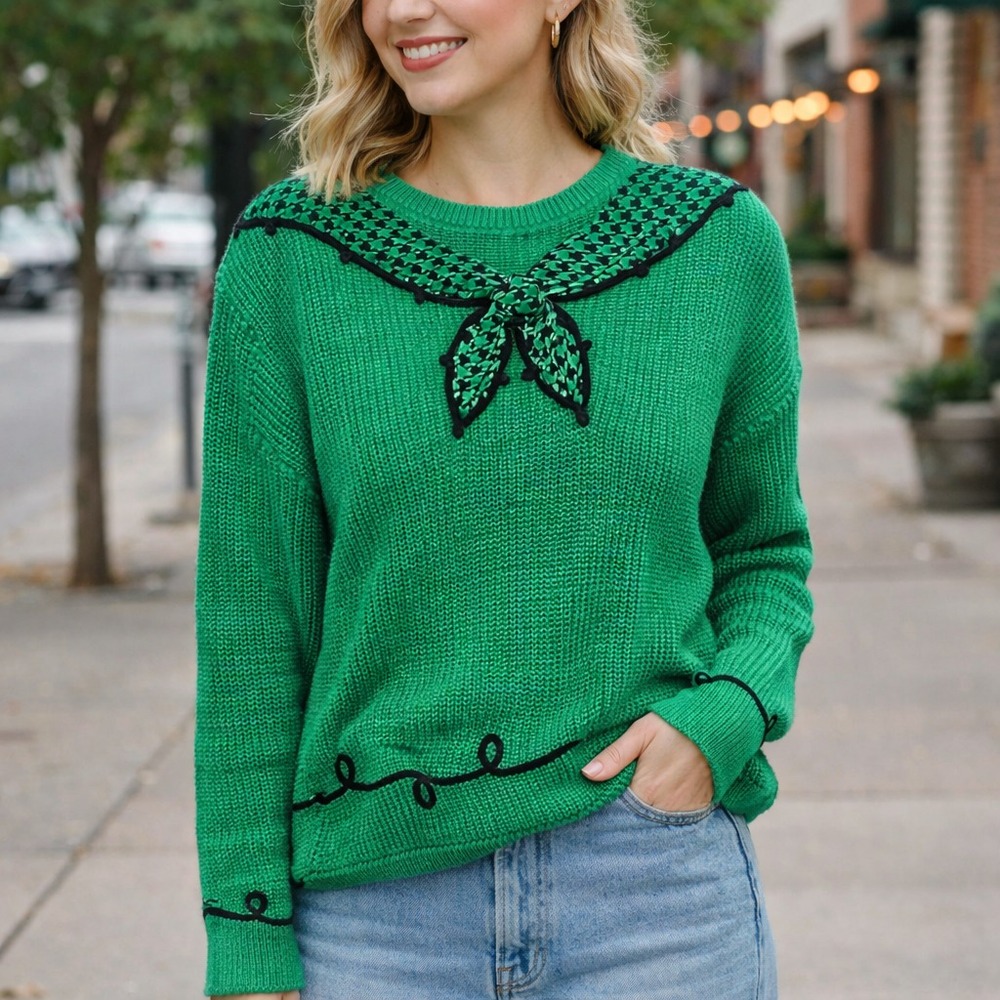 Vintage Chaus Green Knit Sweater Bow Collar Houndstooth Trim Women Medium